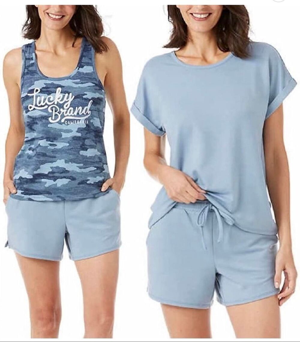 NWT Lucky Brand Women's 3 Piece Pajama Set Tee Tank Shorts Blue Size XXL (2XL)-1